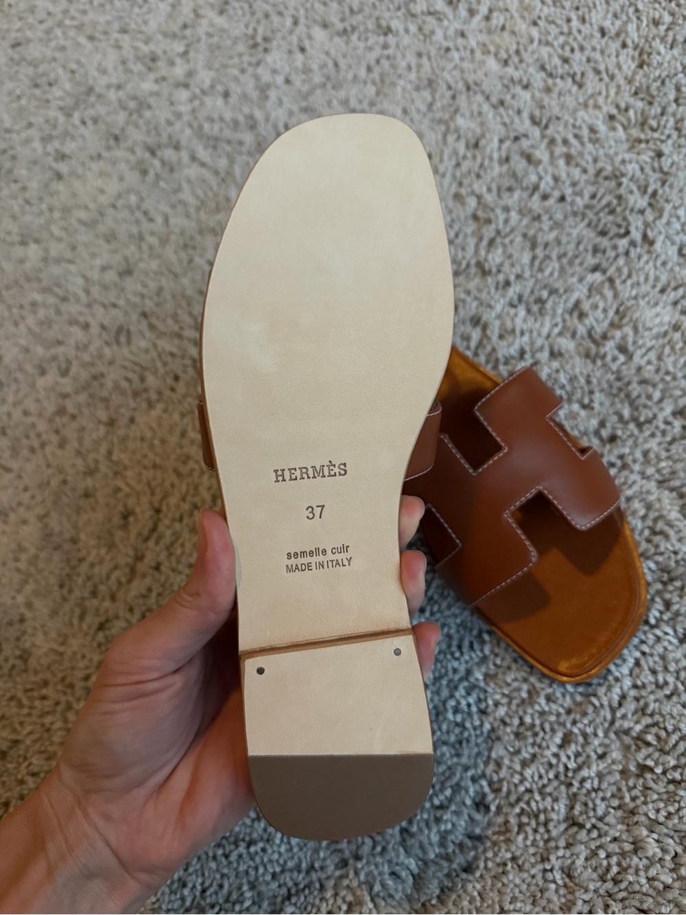 Hermes Brown Gold Oran Leather Slide Sandals - Women - Picture 5 of 5
